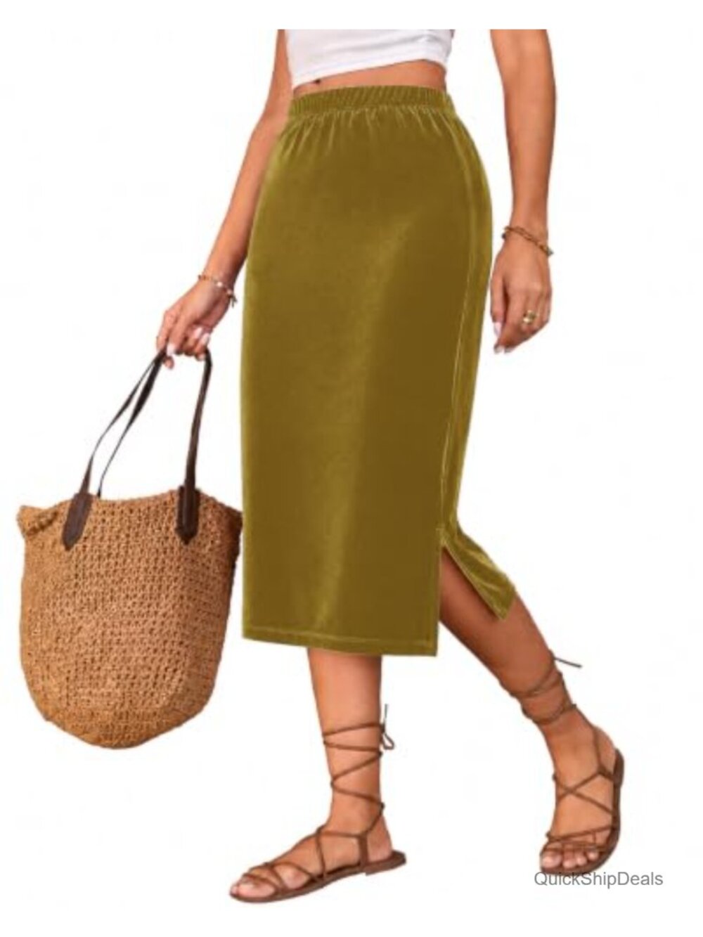 Velvet Midi Skirt High Waist Straight Side Slit Pull-On